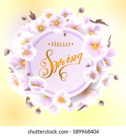Greeting card with white flowers, can be used as invitation card for wedding, birthday and other holiday and summer, spring background. Round frame for text flower, delicate wreath. Vector EPS10.