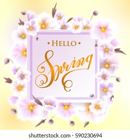 Greeting card with white flowers, can be used as invitation card for wedding, birthday and other holiday and summer, spring background. Square frame for text flower, delicate wreath. Vector EPS10