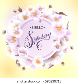 Greeting card with white flowers, can be used as invitation card for wedding, birthday and other holiday and summer, spring background. Round frame for text flower, delicate wreath. Vector EPS10