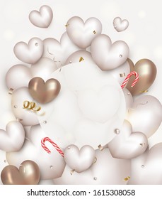 Greeting card with white and gold 3d hearts, candy cane, confetti, round frame on a white background.Valentines Day concept.Template for social networks,invitations, promotions banners.Vector.