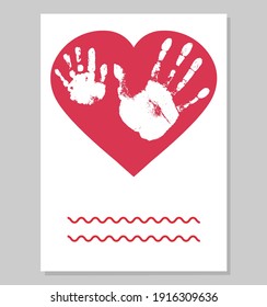 Greeting card. White imprint of baby palm hand and man palm in red heart shape. Handprints of son and father.  Vector illustration.