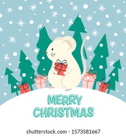 Greeting card with white mouse, trees, gift boxes. Cartoon style vector illustration with chinese symbol of year. Great for covers, cards, banners, envelopes, stickers, flyers. 