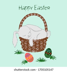 greeting card with a white rabbit on a light green background.  vector image