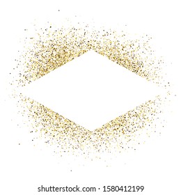 Greeting card with white rhombus frame on golden glitter background. Empty white background. Vector illustration.