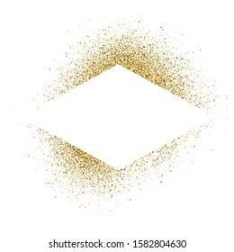 Greeting card with white rhombus frame on golden glitter background. Empty white background. Vector illustration.