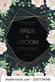 Greeting card with white roses and white peony on black marble background. Can be used as invitation card for wedding, birthday and other holiday. All elements are isolated and editable.