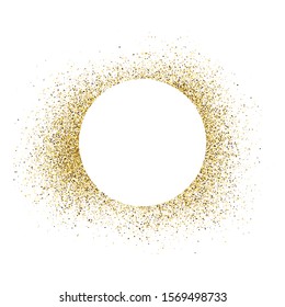 Greeting card with white round frame on golden glitter background. Empty white background. Vector illustration.