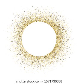 Greeting card with white round frame on golden glitter background. Empty white background. Vector illustration.