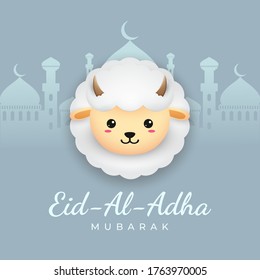 greeting card white sheep vector for muslim holiday Eid al-Adha. with arabic calligraphy eid mubarak or happy eid- flyer, poster for social media, on white background