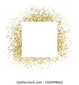 Greeting card with white square frame on golden glitter background. Empty white background. Vector illustration.