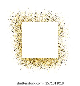 Greeting card with white square frame on golden glitter background. Empty white background. Vector illustration.