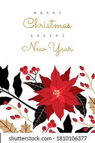 Greeting card, with winter Christmas plants, poinsettia, holly berry, laurel, traditional symbol. Modern invitation for new year. Vector illustration, Scandinavian style, isolated on white background.