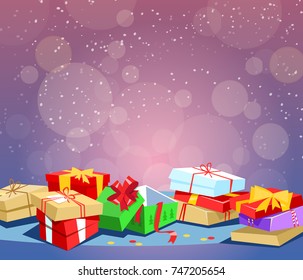 Greeting card winter holiday or Boxing day. Vector illustration lot of Christmas gifts or birthday present on a colored background
