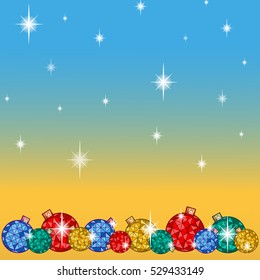 Greeting card for the winter holidays. Below a number of bright Christmas tree balls, with snowflakes and stars. Vector background with a golden blue gradient. Cartoon style