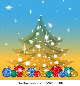 Greeting card for the winter holidays. Below a number of bright Christmas tree balls, tree silhouette with snowflakes and stars. Vector background with a golden blue gradient. Cartoon style