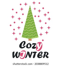Greeting card for winter holidays with Christmas tree, winter celebration postcard for season greetings holidays and new year