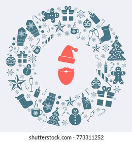Greeting card for Winter Holidays with Christmas and New Year symbols organized in circle
