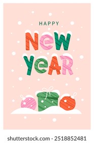 Greeting card for winter holidays. Design text Happy New Year. Hand drawn vector illustration  for banner, poster or cover.