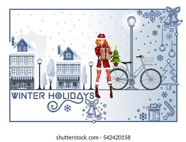 Greeting card for the winter holidays. Girl with bike on a winter snow-covered street. Christmas design. Vector illustration