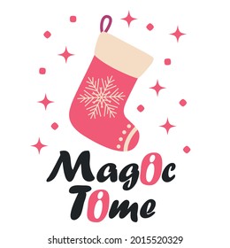 Greeting card for winter holidays with red Christmas stocking. typography poster. Xmas design.