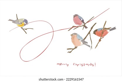 Greeting card for the winter holidays. Three birds sit on the branches  on a white background. Merry christmas lettering. Vector illustration. Postcard, poster, invitation.