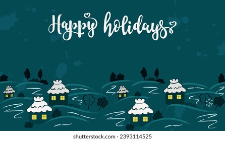 Grußkarte für Winterferien. Vektorgrafik, Hintergrund der schneebedeckten Weihnachtsstadt