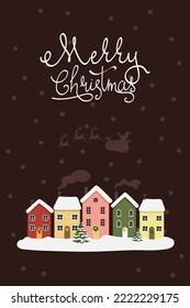 Greeting card with winter houses and Santa Claus and Merry Christmas inscription. Vector illustration in flat style. Holiday design for greeting card, invitation, cover, calendar, etc.