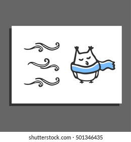 Greeting card with winter illustrations. Cute owl wear scarf. Childish doodle bird and stylized wind. Vector scetch