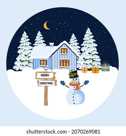 Greeting card with winter nature, snowy landscape and cheerful snowman near billboard with merry christmas sign. Vector illustration.