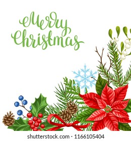 Greeting card with winter plants. Merry Christmas holiday decoration. Forest branches background in vintage style.