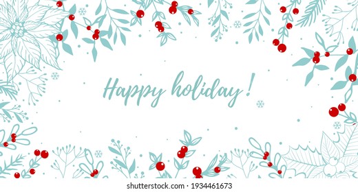 Greeting card winter with twig, pine, leaves and red berries.