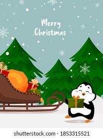 
Greeting card with a wish and a cute penguin collecting gifts in the Christmas sleigh
