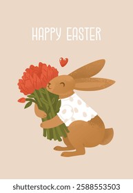 Greeting card with a wish for a happy Easter. Adorable bunny in a shirt with a bouquet of tulips. Cute child character congratulates on the Christian holiday. Vector cartoon illustration.