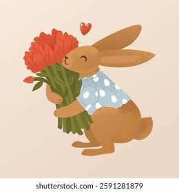 Greeting card with a wish for a happy Easter. Adorable bunny in a shirt with a bouquet of tulips. Cute child character congratulates on the Christian holiday. Vector cartoon illustration.