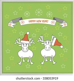 Greeting card with wishes of a Happy New Year. Bright green background, two white deers, elks in red hats, white snowflakes, yellow, white, orange star, grey frame