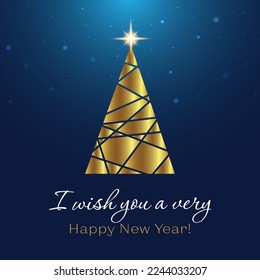 Greeting card with wishes I wish you a very happy new year and  golden tree with Christmas star