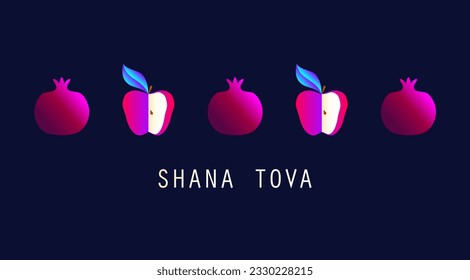 Greeting card wiyh symbols of Rosh Hashanah (pomegranate and apple). Jewish new year celebration design. Happy Shana Tova. Happy New Year in Israel