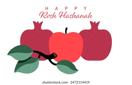 Greeting card wiyh symbols of Rosh Hashanah (pomegranate and apple). Jewish new year celebration design. Happy Shana Tova. Happy New Year in Israel