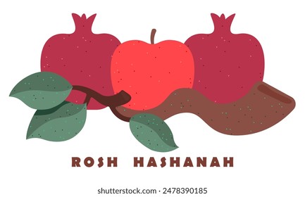 Greeting card wiyh symbols of Rosh Hashanah (pomegranate and apple). Jewish new year celebration design. Happy Shana Tova. Happy New Year in Israel