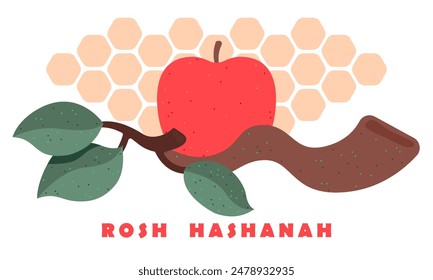 Greeting card wiyh symbols of Rosh Hashanah (honey and apple). Jewish new year celebration design. Happy Shana Tova. Happy New Year in Israel