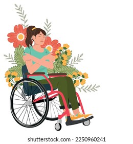 Tarjeta de saludo con mujer en silla de ruedas. Día Internacional de la Mujer 2023. Concepto positivo corporal. Ilustración del vector	