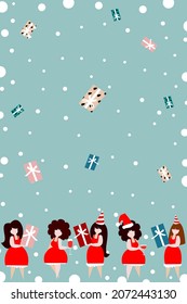 Greeting card, women of different nationalities in red dresses. The process of handing over packaged gifts. Corporate party, people drink wine, hold a glass in their hand. Snowfall from gifts