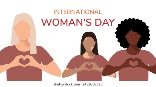 Greeting card with women of different skin colors, vitiligo and hands in the shape of a heart, March 8, International Women's Day. Inspiring inclusivity. Flat Vector Illustration EPS10