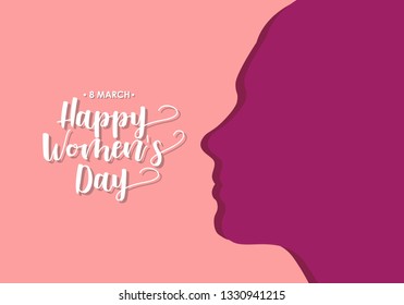 greeting card for the women's 8th day of March. female silhouette, handwriting typography with a pink background. - Vector