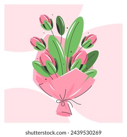 Greeting card for Womens Day, birthday and Mothers Day. Bouquet with spring flowers. Vector illustration