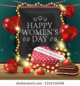 Greeting card for women's day with chalkboard, garland and gift in the shape of a heart
