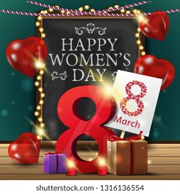 Greeting card for women's day with chalkboard, garland and gifts with the number eight