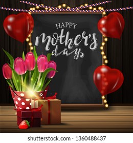 Greeting card for women's day with chalkboard, garland, balloons, candle, bucket with tulips and gift