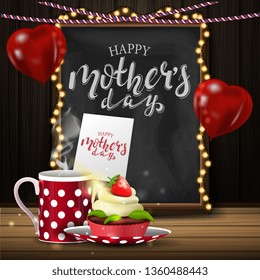 Greeting card for women's day with chalkboard, garland, balloons, candle and cup of tea with cupcake
