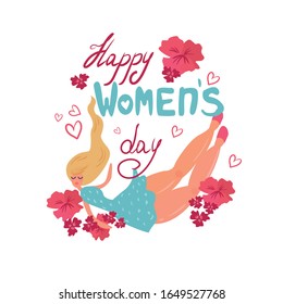 Greeting card for Women's Day, March 8. Girl's congratulation, trendy flat illustration